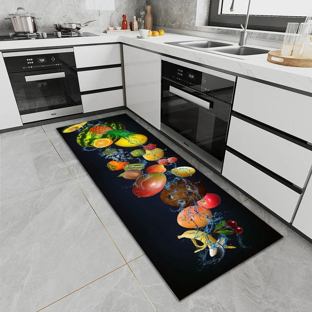 Kitchen Theme Food Pattern Long Runner Mat Anti Slip Oil Proof Waterproof Soft Durable Home Decoration Carpet for Cooking Area