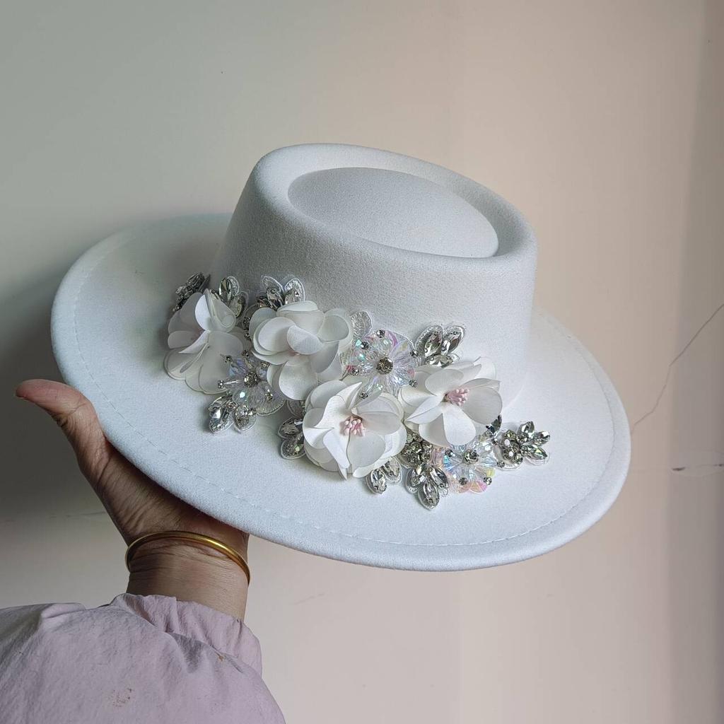 Dark Brown Faux Floral Felt Hat Wedding Hat Women'S Jazz Hat Panama French Elegant Felt Hat Somprero Mujer Chapeau Femme Luxe
