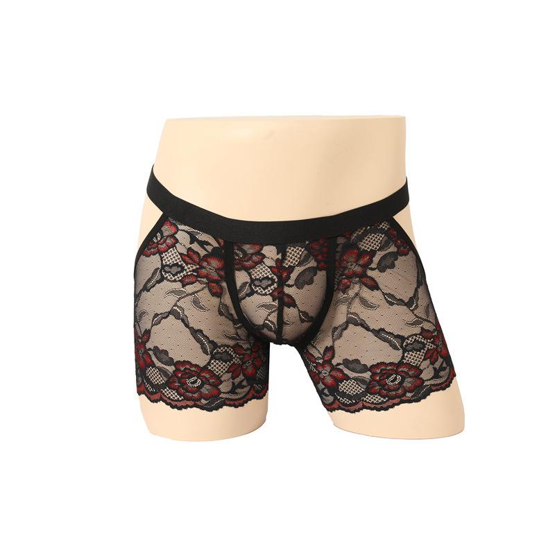 Lencería Sissy para Hombres Gays Sexy Calado Espalda Descubierta Pantalones Cortos de Boxeador Encaje Bordado Transparente Ropa Interior para Crossdresser Braguita Hueca en el Trasero