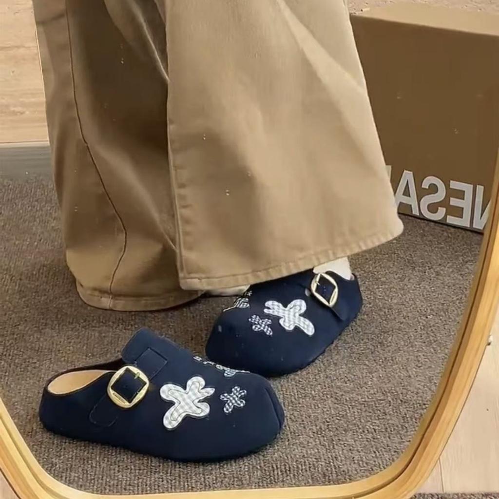 French navy blue fluffy slippers flower beacon shoes women's 2025 autumn and winter new soft leather one pedal bag head half slippers