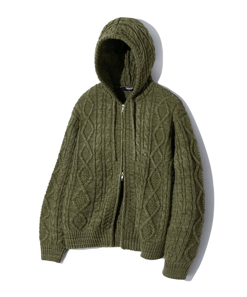 TRILLION Washable Aran Cable Hooded Zip-Up Knit (Khaki)