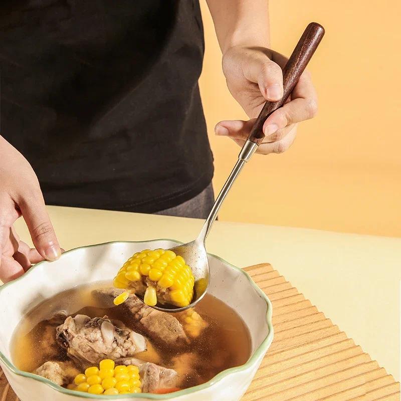 Kitchen Dinner Dish Rice Shovel  Handle Stainless Steel Soup Spoon for Household Use Porridge Soup Restaurant Wooden Tableware