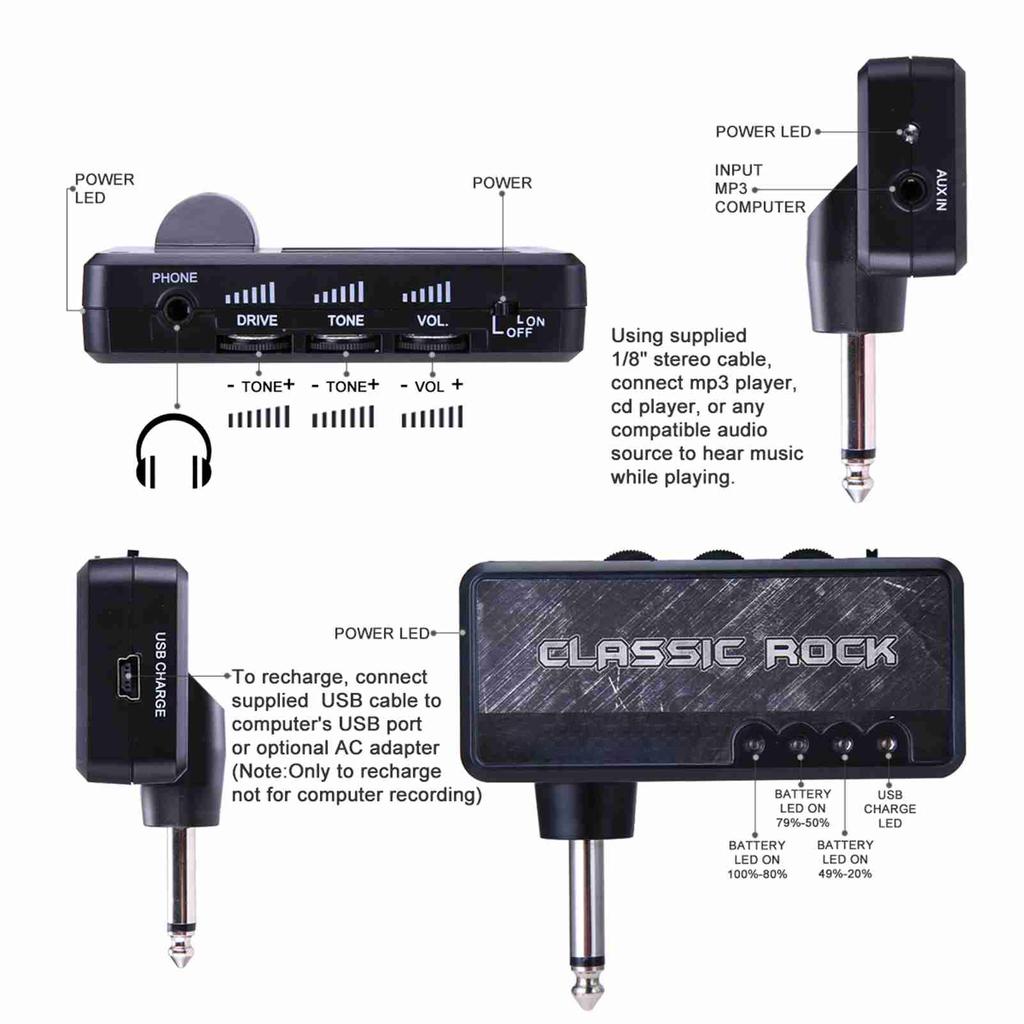 Electric Guitar Headphone Amplifier Amp 3.5mm Headphone Jack Aux In with Heavy Rock Distortion Effect Built in