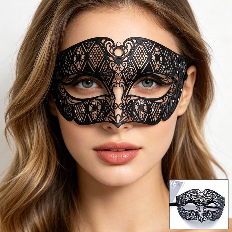 Halloween Metal Half Face Mask With Rhinestones Black Adult Cosplay Party Masquerade