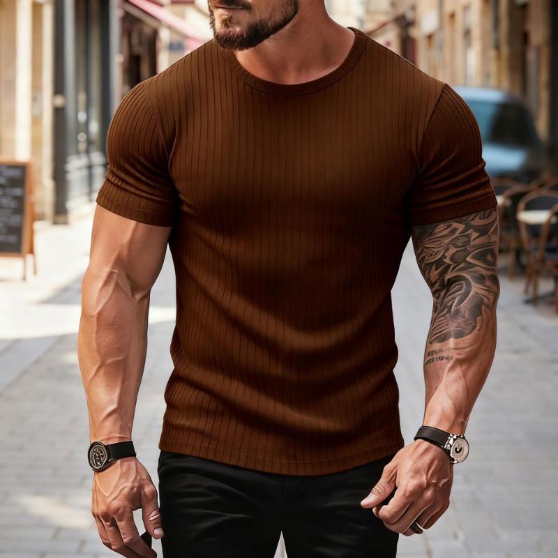 T-shirt Sport Fitness Décontracté d'Été pour Homme Col Rond Élastique Rayures Verticales Manches Courtes