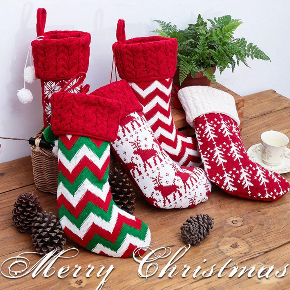 Home New Year Gift Knitted Christmas Stocking Socks Xmas Sack Candy Bags