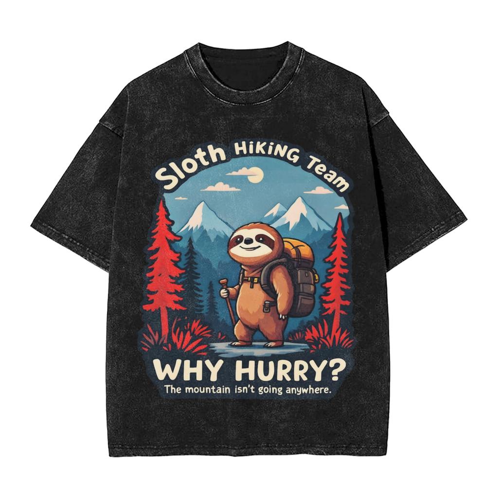 Sloth Hiking Team T Shirts Hip Hop Washed Short Sleeve Oversize Tshirts Vintage For Men Women Tops Streetwear Printed Tees