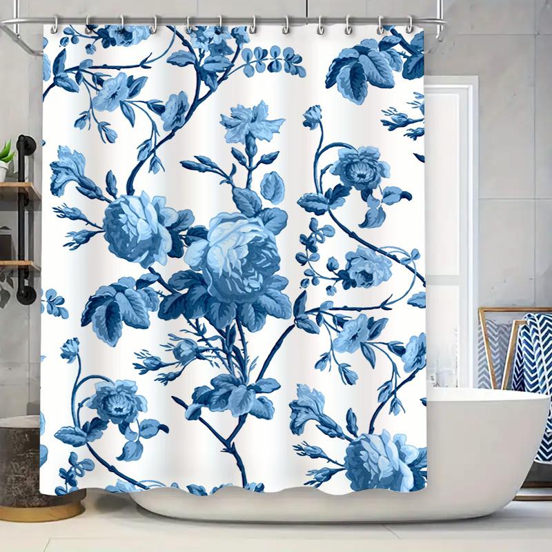 Blue Floral Shower Curtain Waterproof Bathroom Decor Large Size Luxury Bath Mat White Tub Liner Printed Modern Flower Design (La