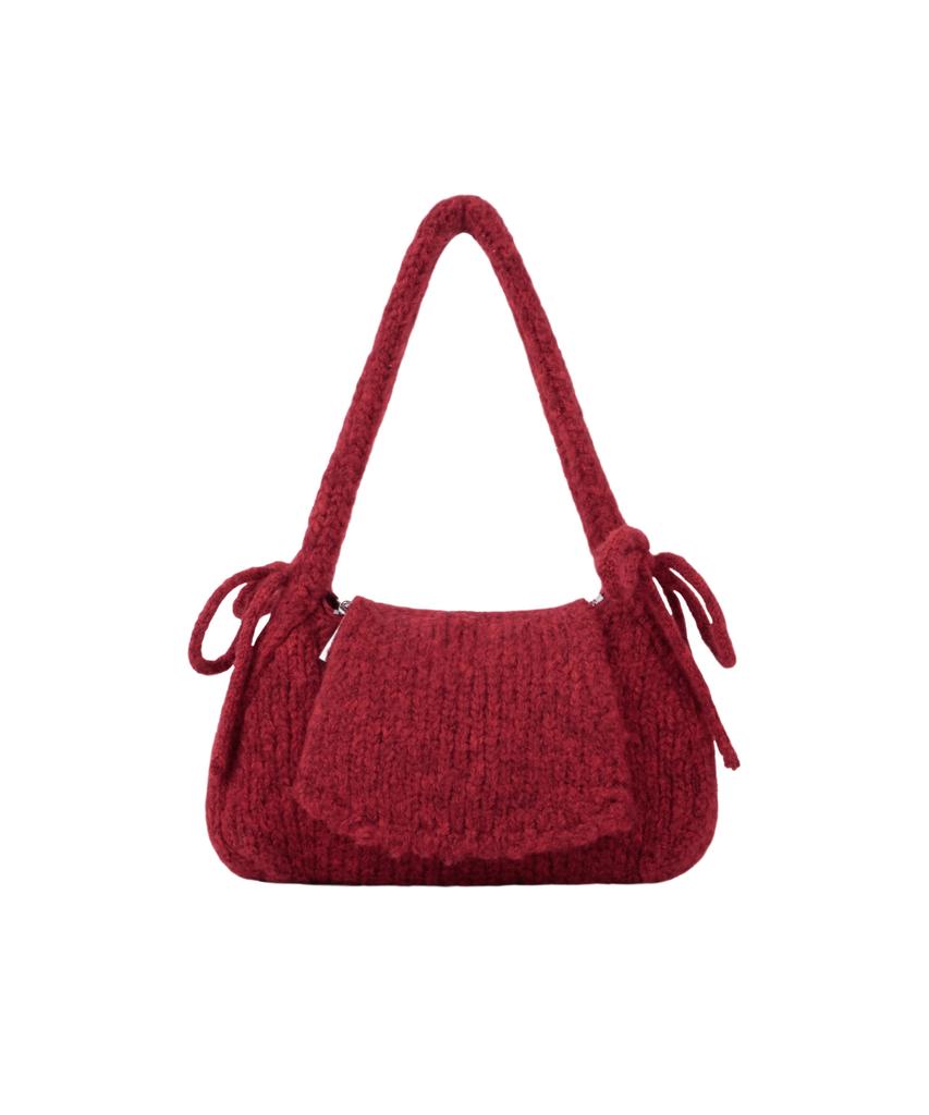 Leathery Ribbon Angora Knit Shoulder Bag [Red]