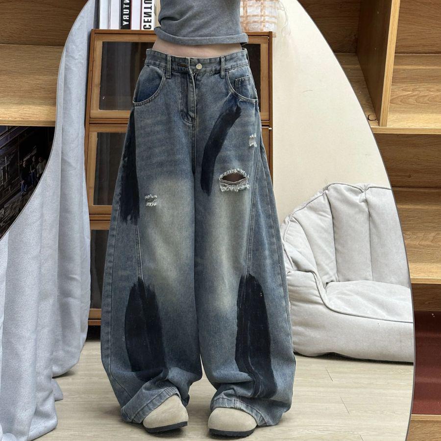 Women s High-Waisted Retro Graffiti Ripped Wide-Leg Jeans 3XL