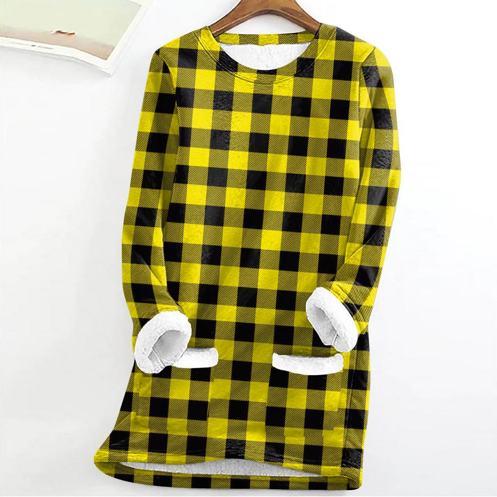 Women's Fashion Plaid Print Round Neck Long Sleeve Plush Winter Warm Pullover Top