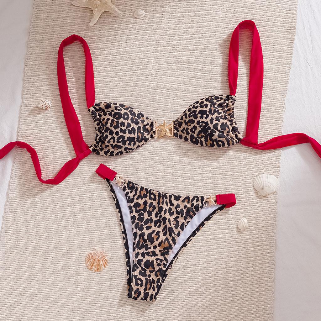 Leopard Color Block Starfish Decor Sexy Two Piece Bikini Set Elegant