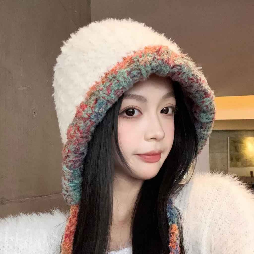 Winter Plüsch Pullover Mütze Farbe Spleißen Kordelzug Ohrenschutz Mütze Mode kalte und warme Strickmütze Damenmütze