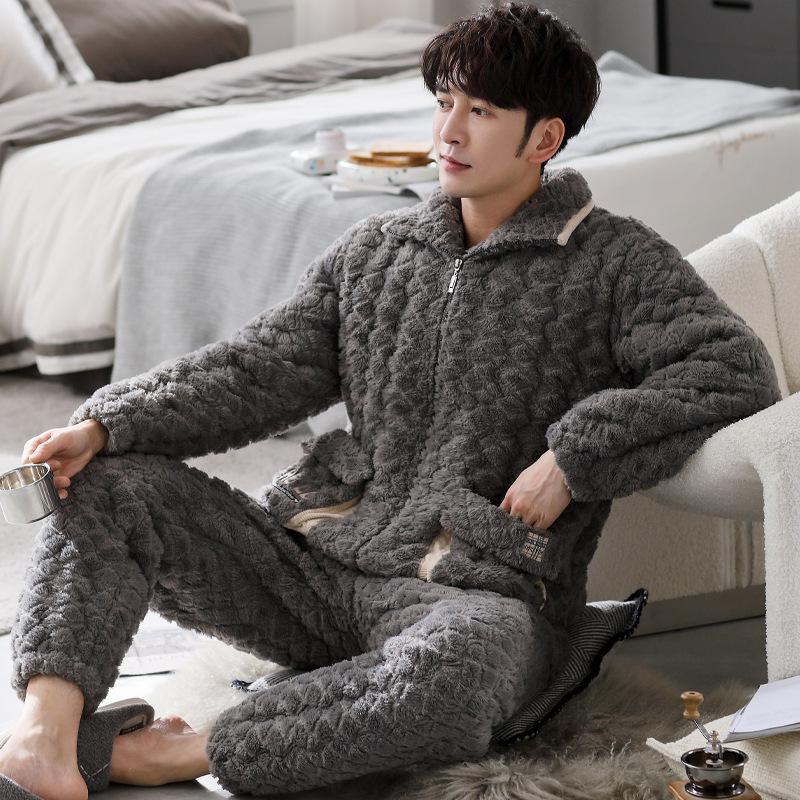 Pajamas Men'S Winter Thickened Three-Layer Coral Fleece Padded Cotton Large Size Autumn And Winter Flannel Zipper Loungewear Set