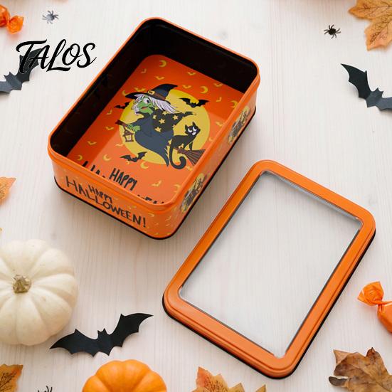 Desktop Decorative Storage Halloween Tin Box with Clear Lid, Witch Pumpkin Ghost Candy Snack Holders Container for Cookies Snacks, Festive Organizer