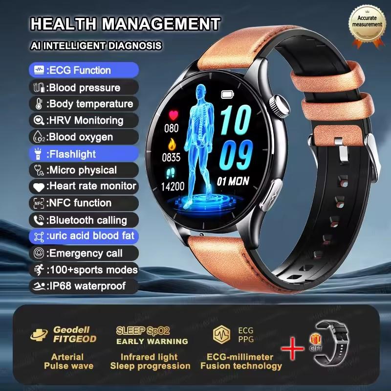 2026 New Men Uric Acid Blood Lipid Monitor Smart Watch ECG Blood Pressure Blood Oxygen Heart Rate Temp BT Call Health Smartwatch Sports Fitness Watch