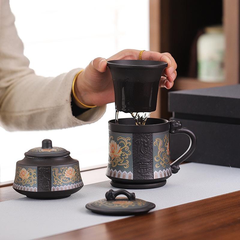Purple sand teacup with lid filter tea separation cup office cup mug household personal tea cup gift box