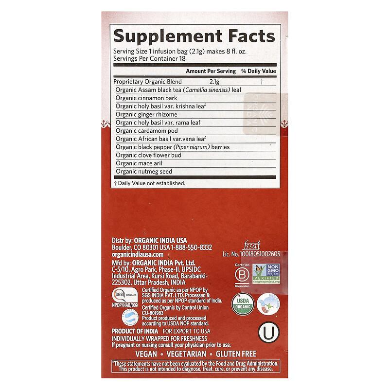 Tulsi Masala Chai Tea, 18 Infusion Bags, 1.33 Oz (37.8 G)