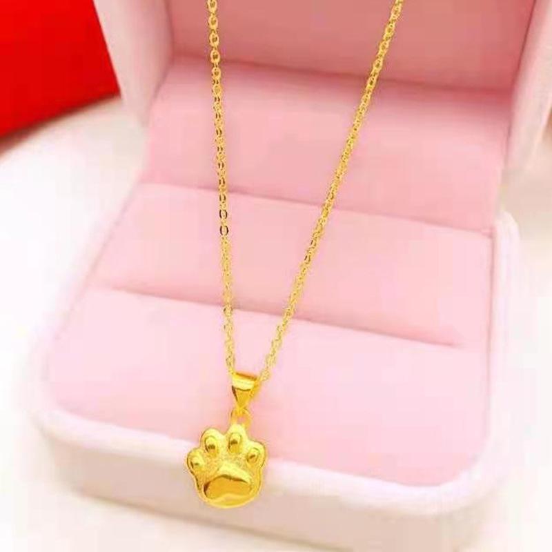 Vietnamese Sand Gold Kitten Paw Pendant Necklace, Gold-Plated Copper, Cute Cartoon Design for Girlfriend