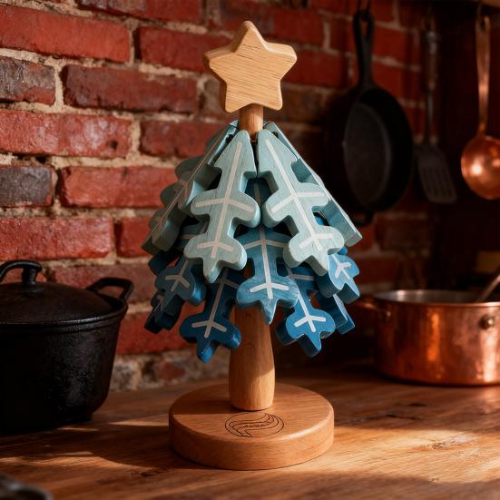 Wooden Christmas Tree Trivets for Hot Dishes Foldable Coasters Pot Holders Heat Resistant Silicone Table Protector Creative Gift for Home Kitchen