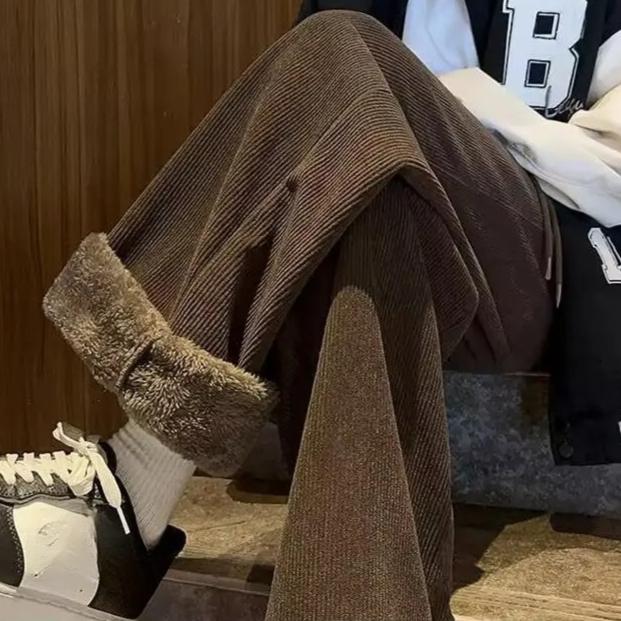 Winter Corduroy Thickened Pants Men's Loose-Fit American Style Straight-Leg Sweatpants Lamb Fleece Cold-proof Heavy Trousers