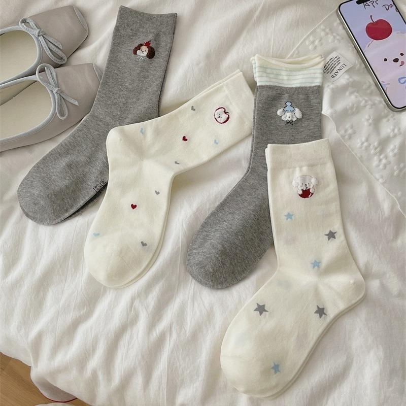 Female Autumn and Winter New Lovely All Match Cartoon Dog Pure Cotton Tube Socks