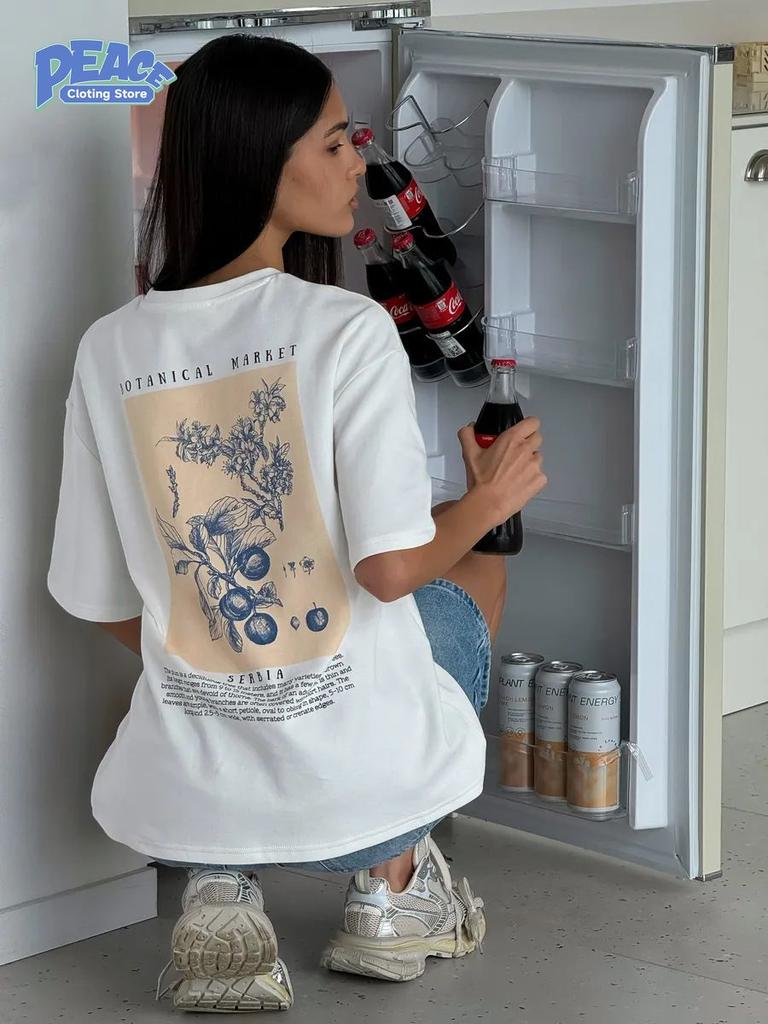 100% Pure Cotton Casual T-shirt Women's Printed T-shirt Summer Fashion Comfy Commuter Short Sleeve Tops 2000s Women's Clothes