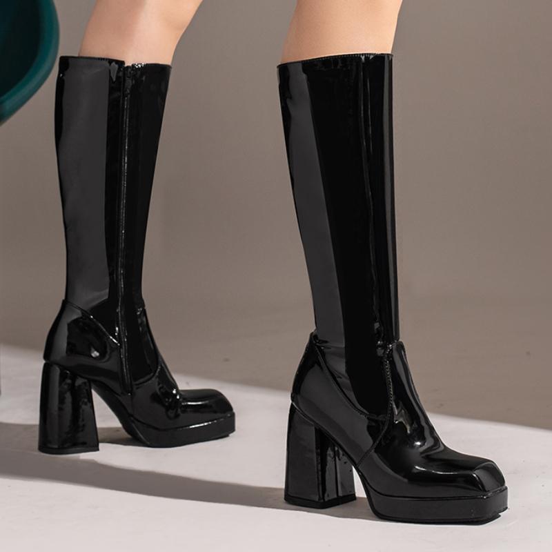 Black White Red Knee High Boots Women Platform Winter Autumn Shoes Ladies Sexy Patent Women's Long Shoes Boot Large Size 45