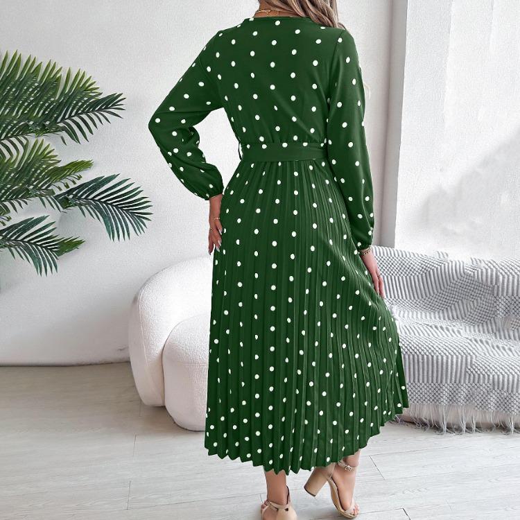 Women Long Sleeve A Line Long Dress High Waist Dot Pleated Autumn Winter Fashion