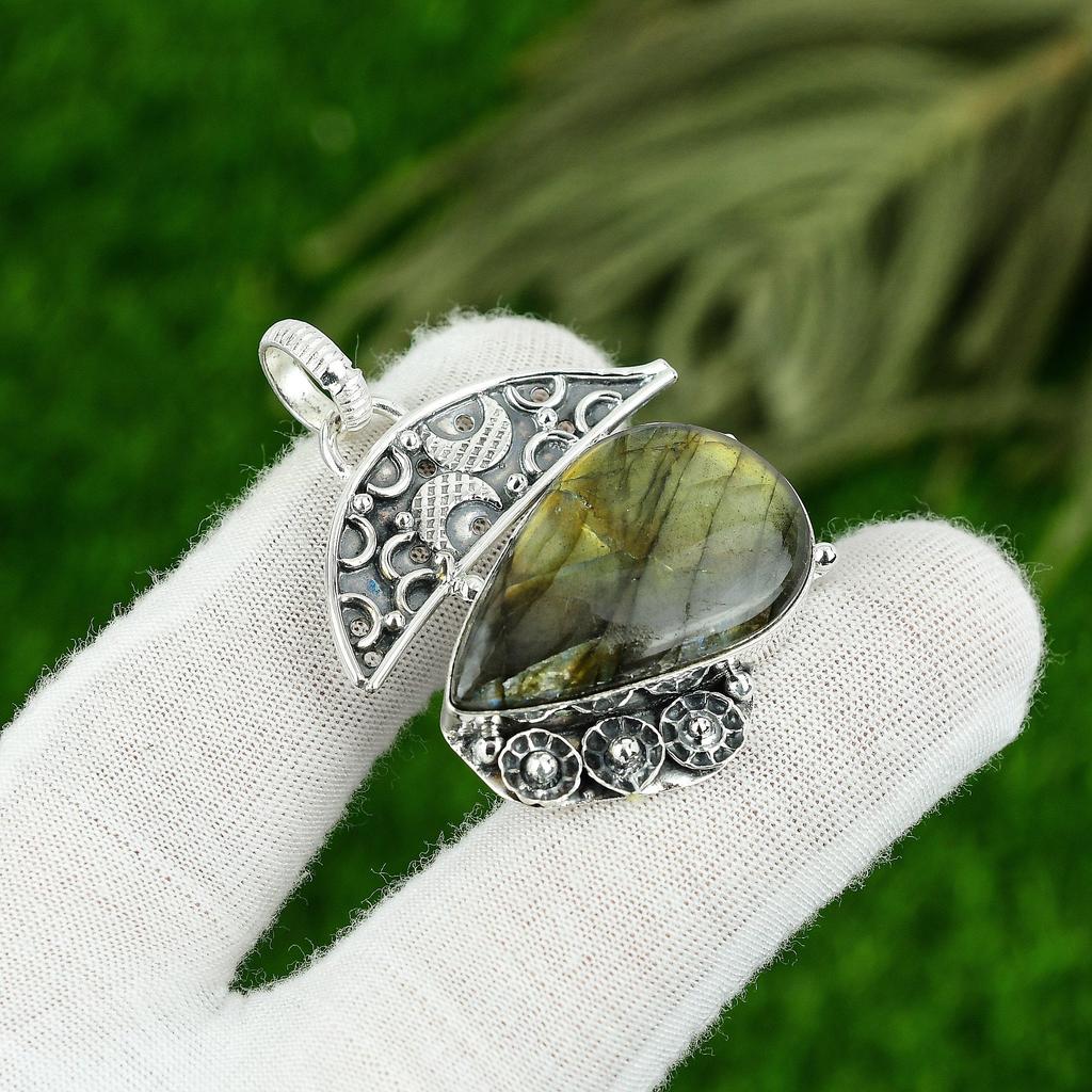 Anniversary Gift For Her Natural Labradorite Gemstone Pendant 925 Silver