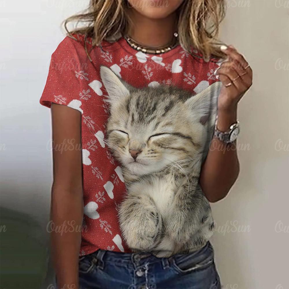 2024 Top Women 3D Cute Cat Printed Women's T-Shirt Oversized T-Shirt Korean Popular Clothes Women Clothing Short Sleeve Blouse