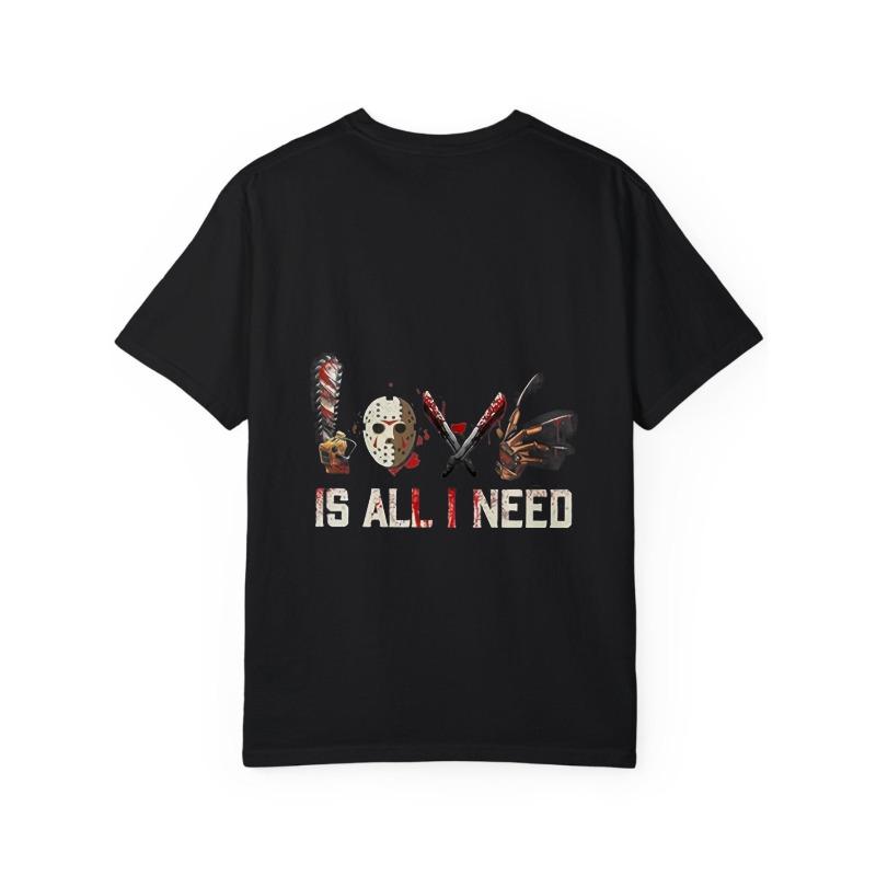 Crewneck T Shirt White Love Is All I Need Horror Movie Theme with Jason Voorhees Mask and Knives Print for Casual Wear