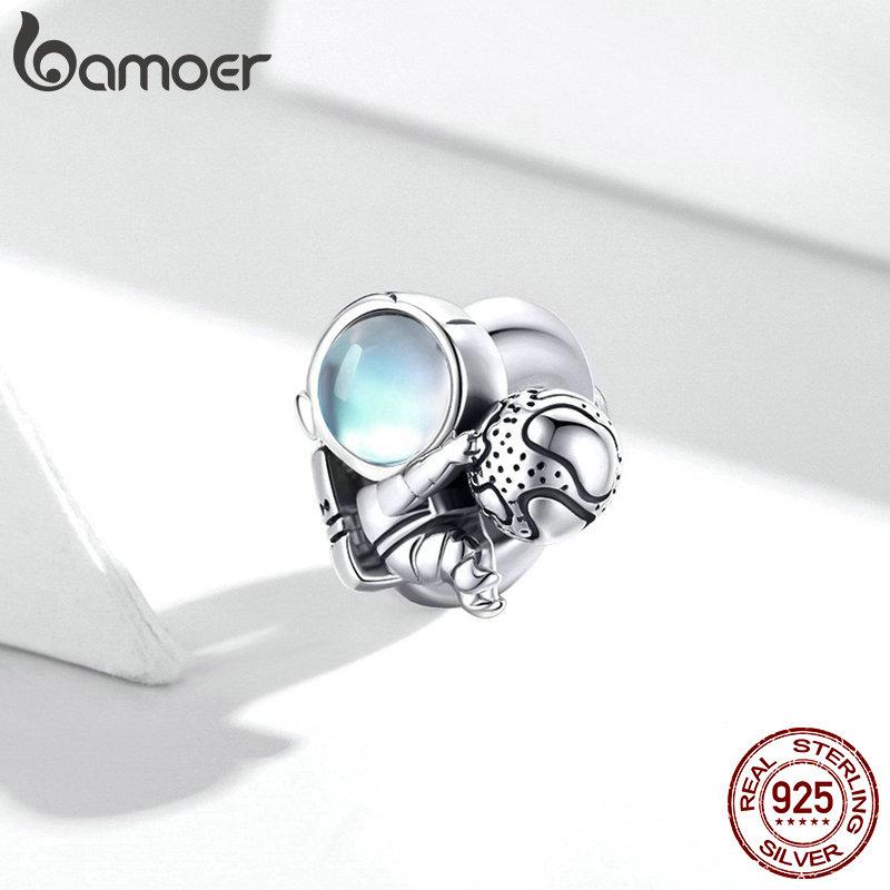 BAMOER 925 Sterling Silver Moonstone Charm, Weightless astronauts Space Walk Charm Beads fit Original 3mm Bracelet DIY Jewelry