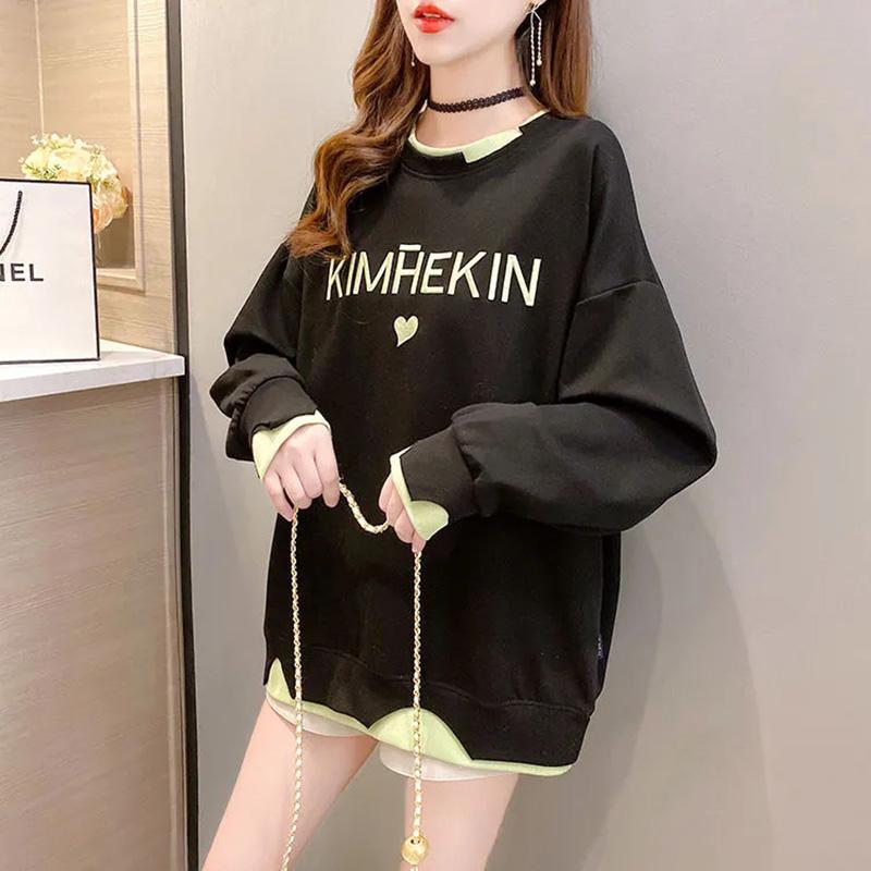 Cotton Sweatshirt Women Autumn Spring Large Size Loose Mid-Length Round Neck Sweatshirt Casual Versatile Long Sleeve Tops