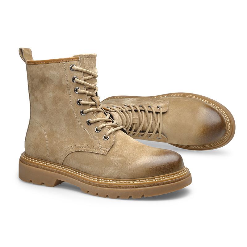 New Leather Rhubarb Boots Trendy 100 Fashion Side Zipper Tall Martin Boots Casual Versatile Lace-up Tooling Men's Boots