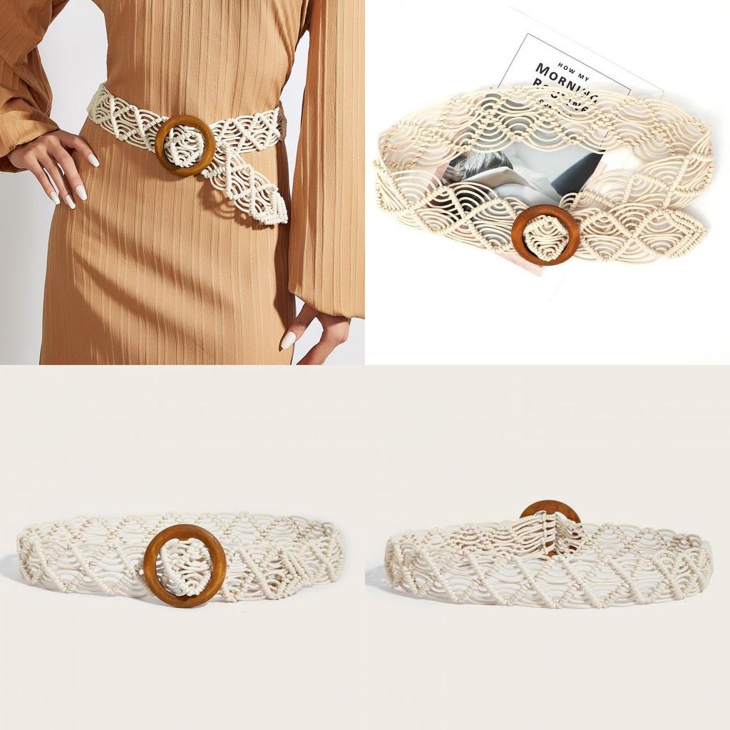 Cotton Retro Linen Belt Women Handmade Woven Waistband Round Wooden Buckle Dress