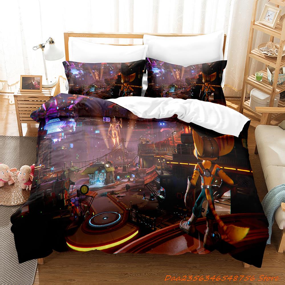 Personelity Game Anime Ratchet Clank Rift Apart Bedding Set Cartoon Three-Piece Set Adult Kid Bedroom Three-Piece Suits 3D