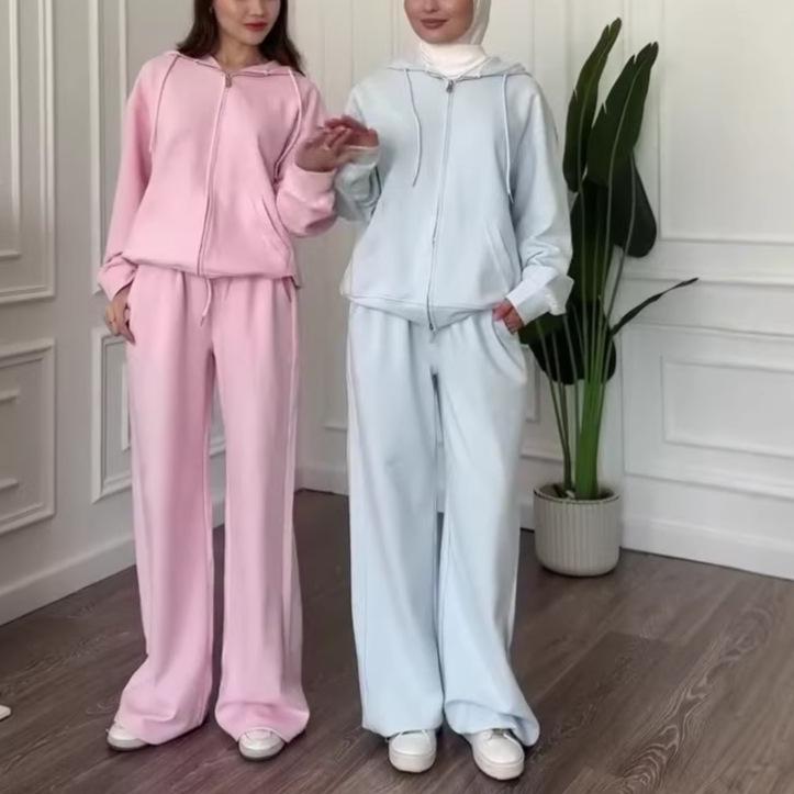 2026 Spring and Autumn New European and American Women's Clothing Cross-border Hooded Sweater Zipper Top High Waist Wide Leg Pants