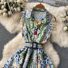 Spring and Summer New Arrival Palace Style Sleeveless Lapel and Waist Tight Western Style Slimming Fashion Print Mid Length Long Length Dress Fashion
