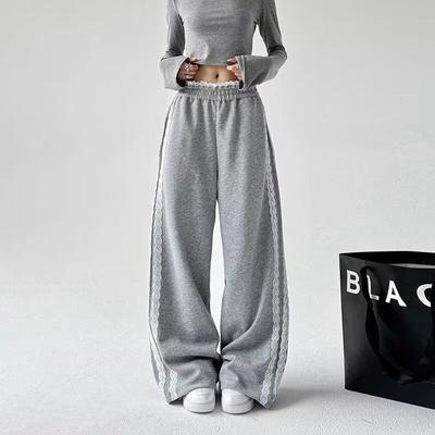 Lace Patchwork Sports Wide Leg Pants for Women Spring/Summer High Waist Drape Tie Casual American Straight Floor Sweatpants