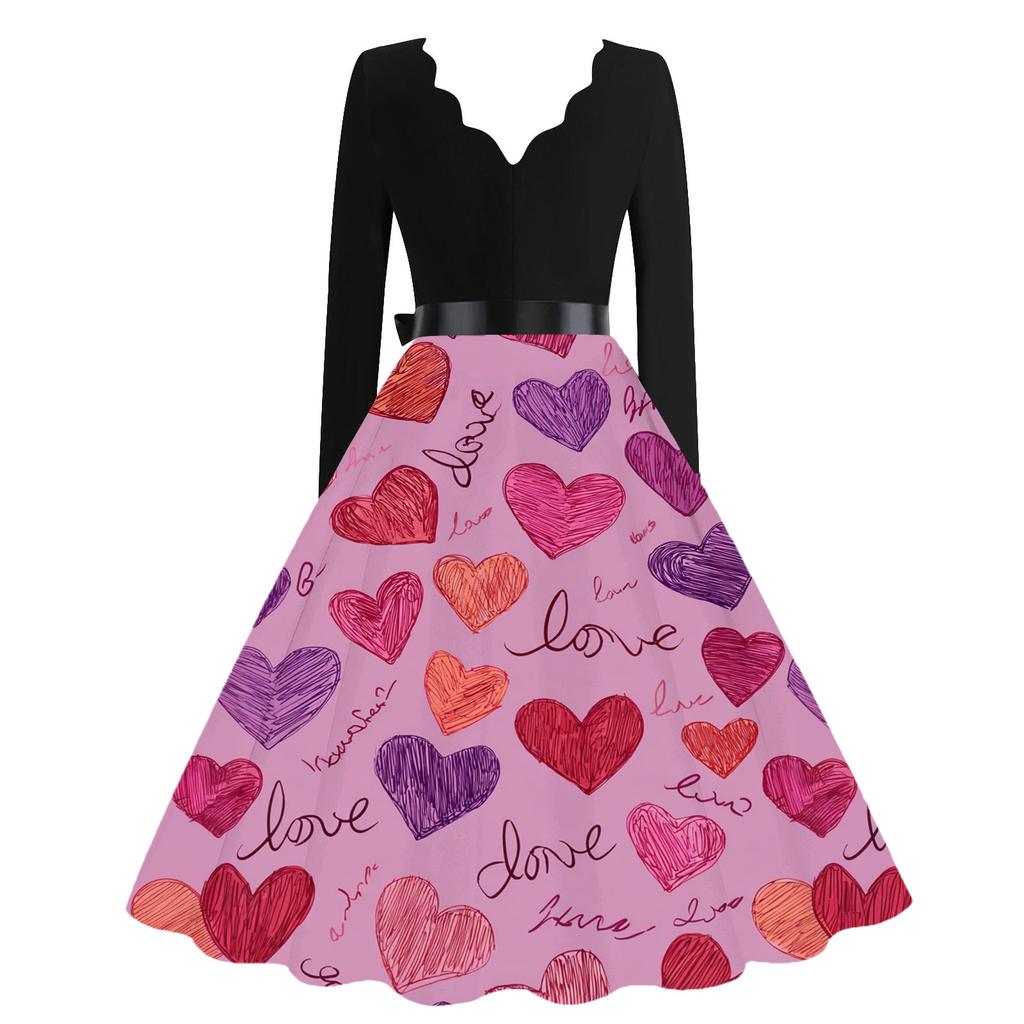 Damen Casual Mode V-Ausschnitt Valentinstag Print Retro Kleid
