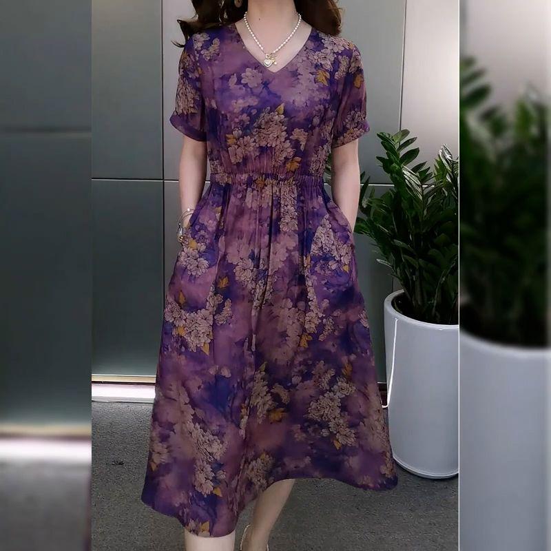 New Arrival Summer Short Sleeve Midi Dress - Waist Cinching, Tummy Concealing, Fake Two-Piece with Pockets.