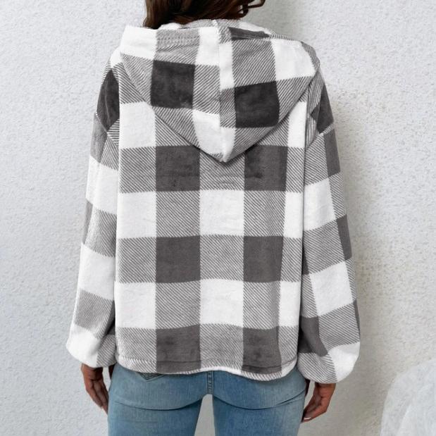 Autumn and Winter Women's Fashion Flannel Plaid Half Open Collar Nail Buckle Hooded Plush Sweater