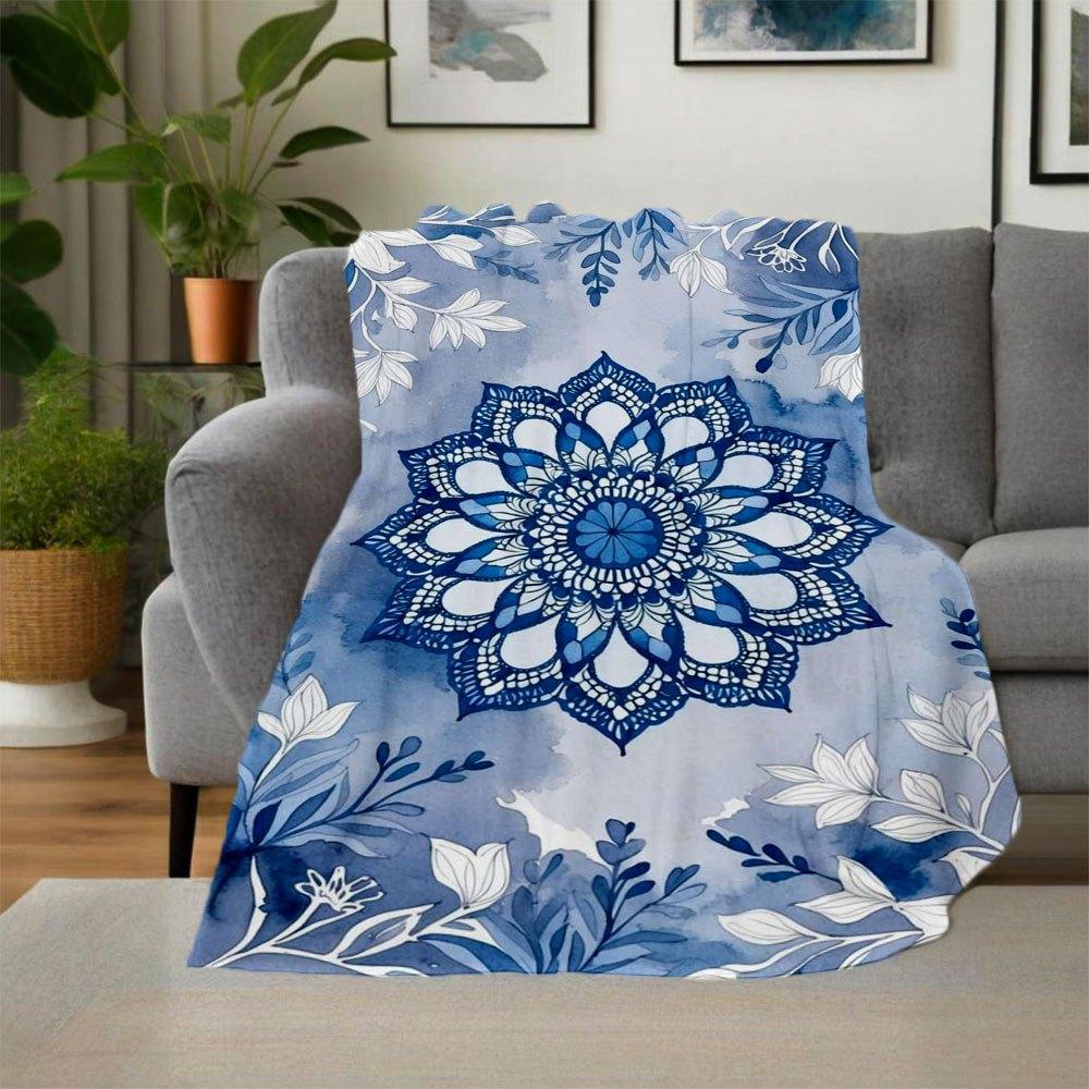 Blue and White Floral Mandala Phone WallpaperBlanket Flannel Throw Blanket for Sofa, Bed, Travel, Camping, Office, Couch, Chair, And Bed Gif
