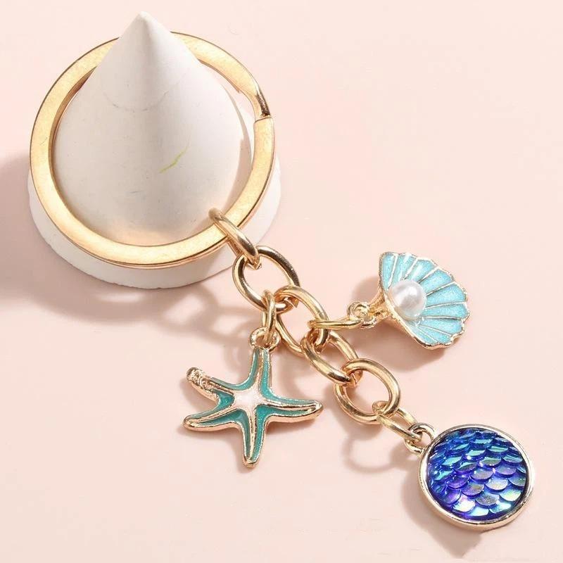Ocean Series Seashell Conch Starfish Keychain Women Girls Keyrings Birthday Party Jewelry Gifts