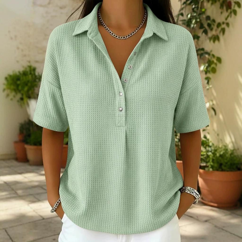 Women's Polo Neck Short Sleeve Waffle Knit Henley Shirt Casual Loose Button Down Blouse