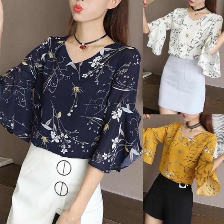 Fashion Flower Print Chiffon Blouse V Neck Half Flare Sleeve Office Lady Shirt