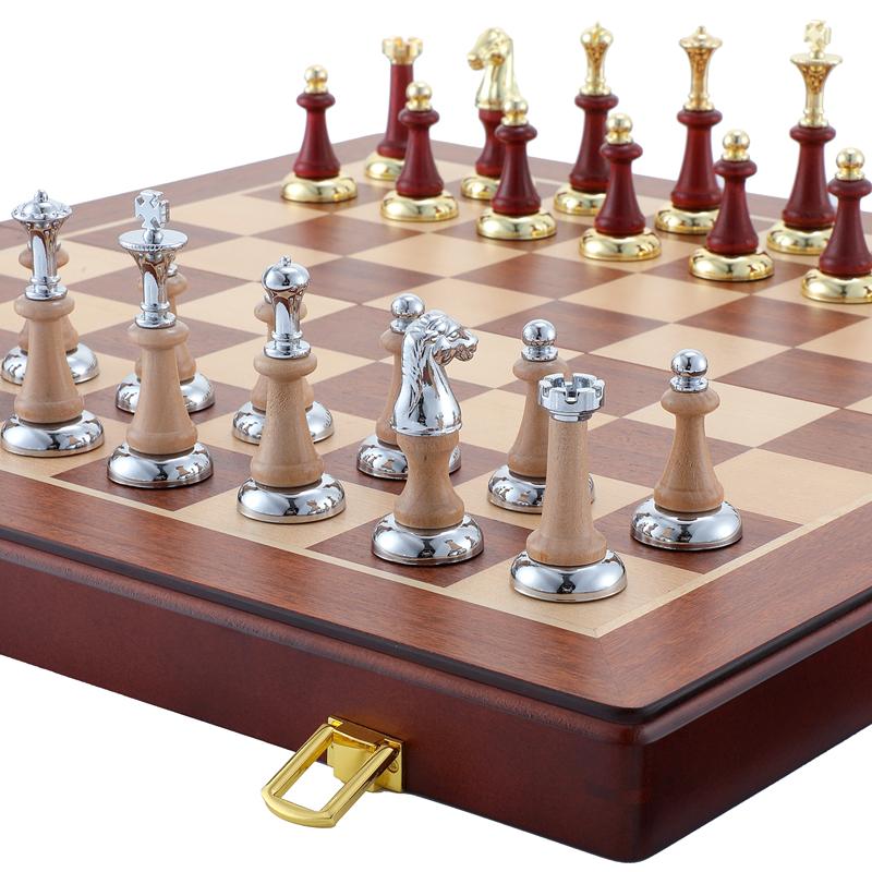 Extra-Large Chess 45Cm/ 17.7-Inch Wooden Folding Chessboard, High-End Metal Large Zinc Alloy + Wooden Chess Pieces High-End Gift