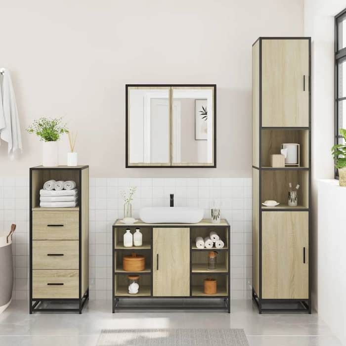 VidaXL Ensemble De Meubles De Salle De Bain 3 Pcs Chêne Sonoma, Armoire De Salle De Bain, Armoire De Rangement De Toilette, 3301091