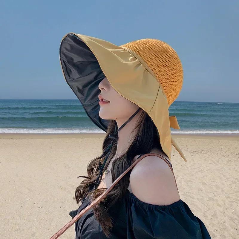 Summer Sun Hat Women's Straw Woven Anti Ultraviolet Sun Visor Hat with Big Brim Seaside Black Glue Breathable Bucket Hat Sun Hat